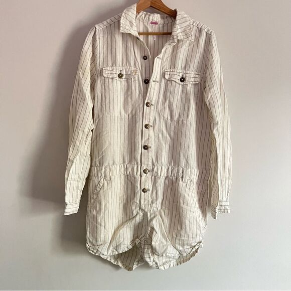 Free People linen blend button front long sleeve lightweight shorts romper M - Picture 2 of 6